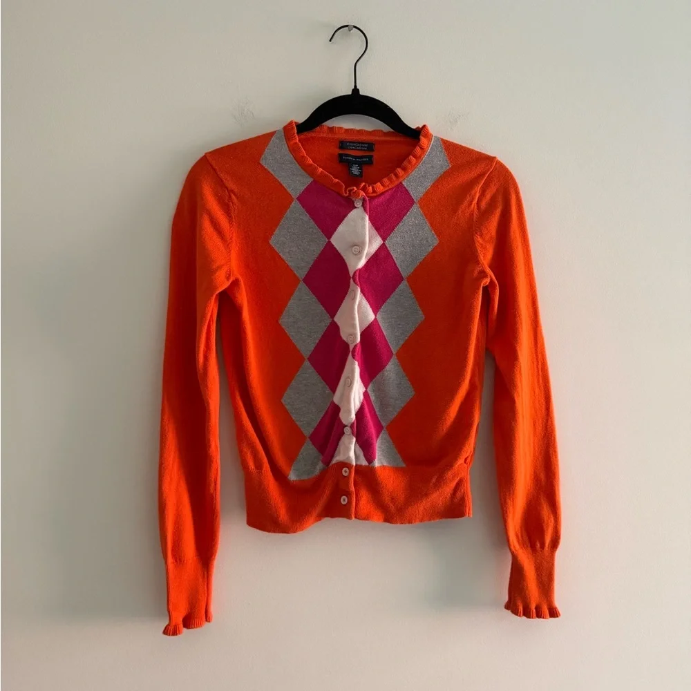 Tommy Hilfiger Argyle Cotton Cashmere Cardigan Small Orange Pink Preppy - Picture 1 of 6